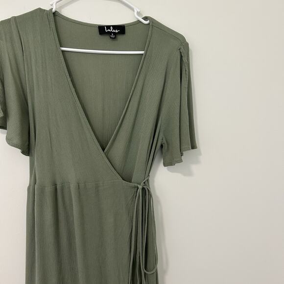 Lulus Dress Womens Large Much Obliged Washed Olive Green Wrap Maxi - Picture 2 of 10
